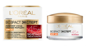 Крем для лица `LOREAL` `ВОЗРАСТ ЭКСПЕРТ` лифтинг-уход против морщин SPF20 45+ (про-ретинол и масло камелии) 50 мл